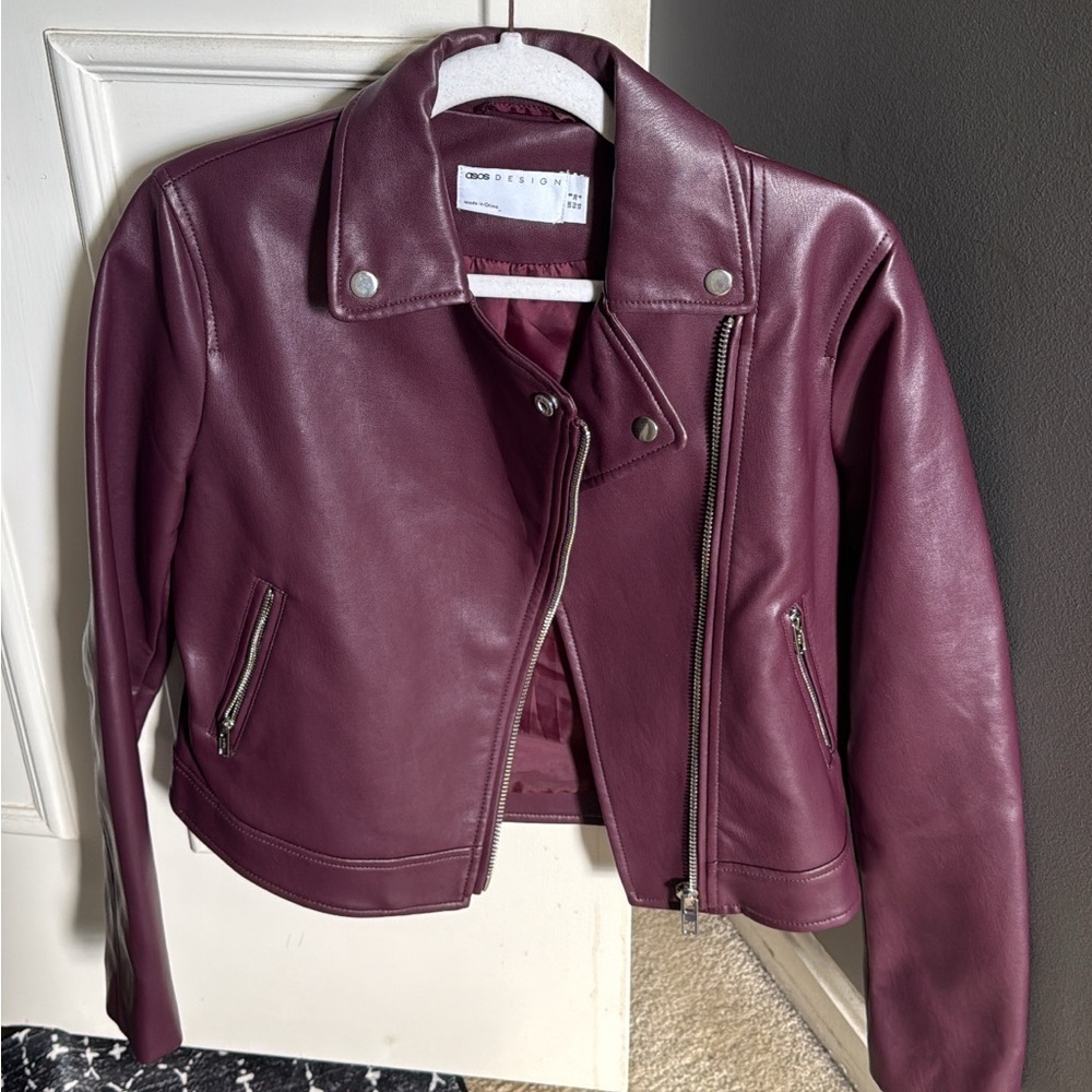 ASOS Faux Biker Leather Jacket in Burgundy - Picture 7 of 8